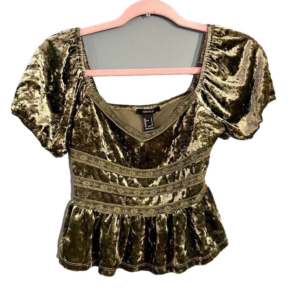 Y2K Forever 21 Babydoll Crushed Velvet Lace Crop Top S Green Whimsigoth‎ Fairy